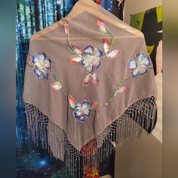 NWOT Stunning grey shawl with beaded tassels and gorgeous rainbow embroidery - Picture 1 of 4